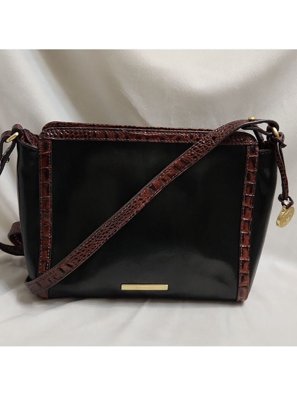Brahmin Tuscan Tri-texture Carina Black Brown Leather Shoulder Bag - Picture 1 of 15